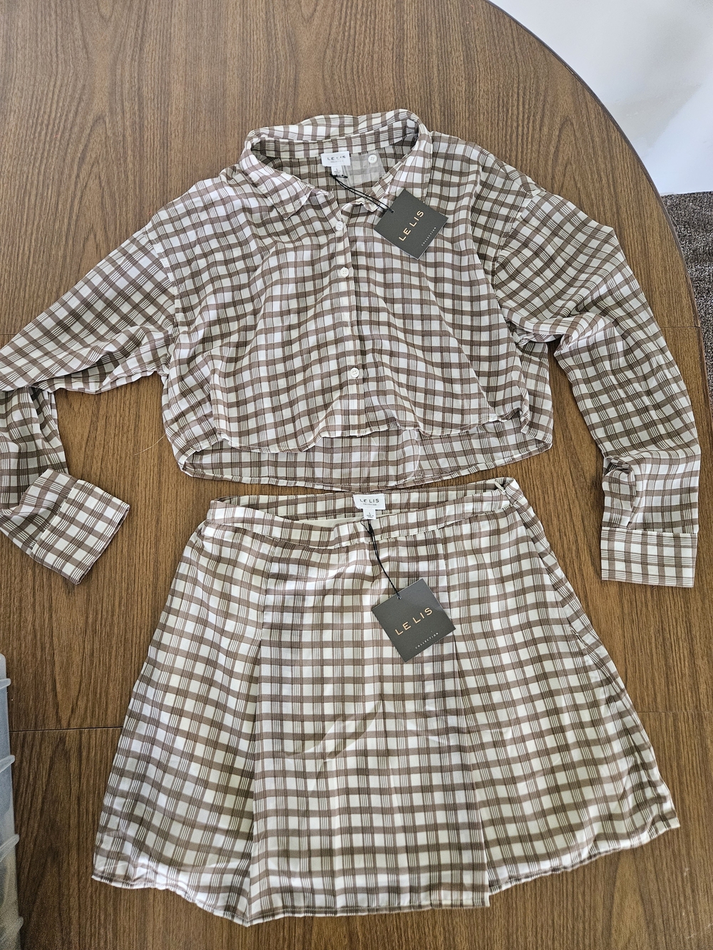 LE LIS Brown & Cream Plaid Two-Piece Set - Cropped Shirt & Skirt